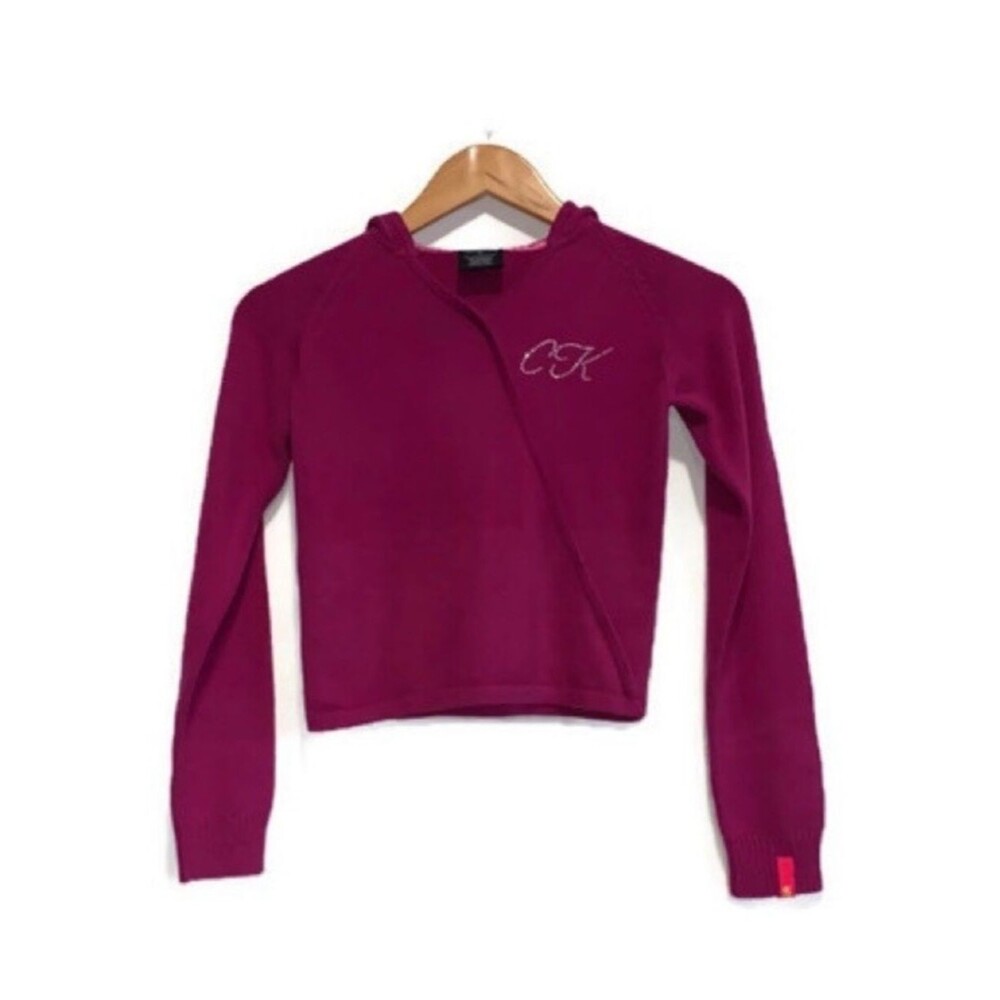 Calvin Klein Jeans V-Neck Knit Hoodie Sweater Magenta Size Medium Vintage